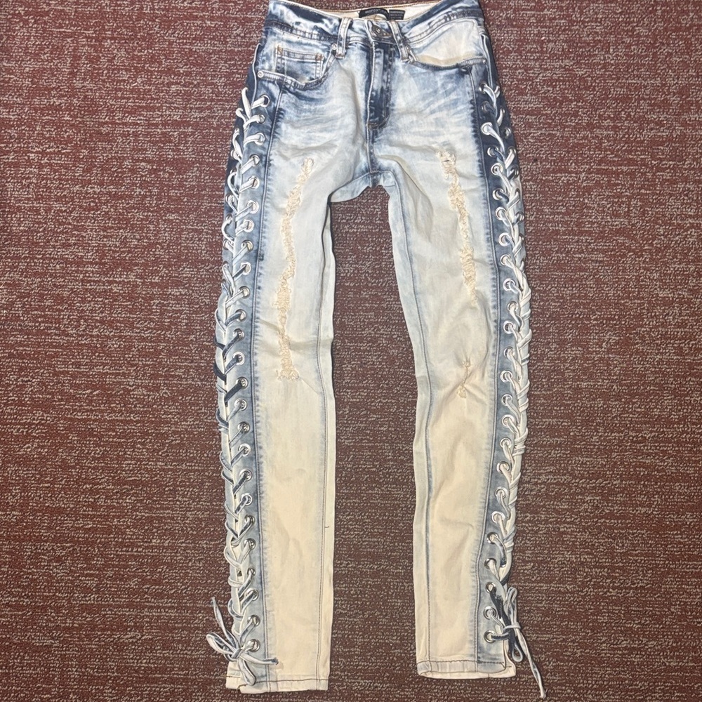 Vintage y2k jeans lace up leg acid wash skinny distressed side tie denim 1